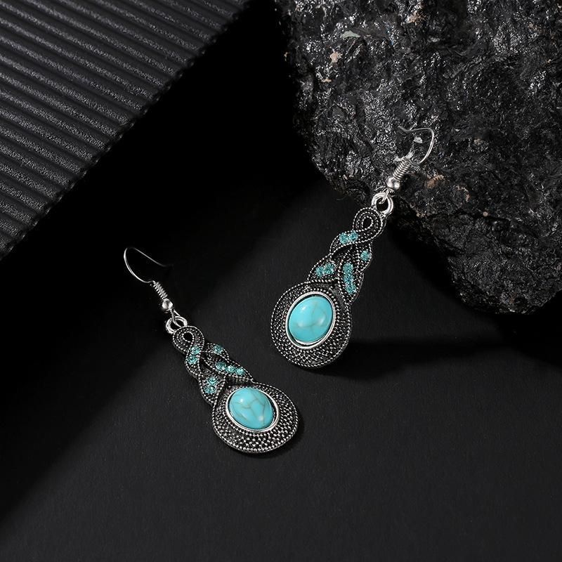 New retro pattern blue crystal inlaid turquoise earrings necklace set ...