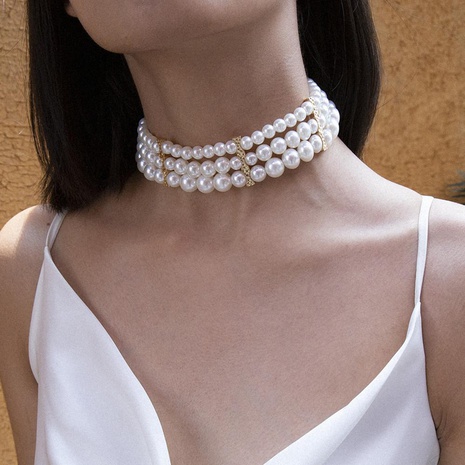 Temperament exaggerated multi-layer pearl geometry choker NHXR152256's discount tags