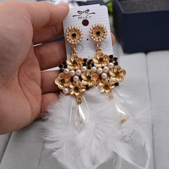 Bohemian long white feather tassel earrings NHNT154550
