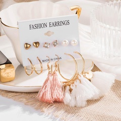 Fashion Love Zircon Pearl Circle Tassel 6 Pairs Stud Earrings Set NHDP149883