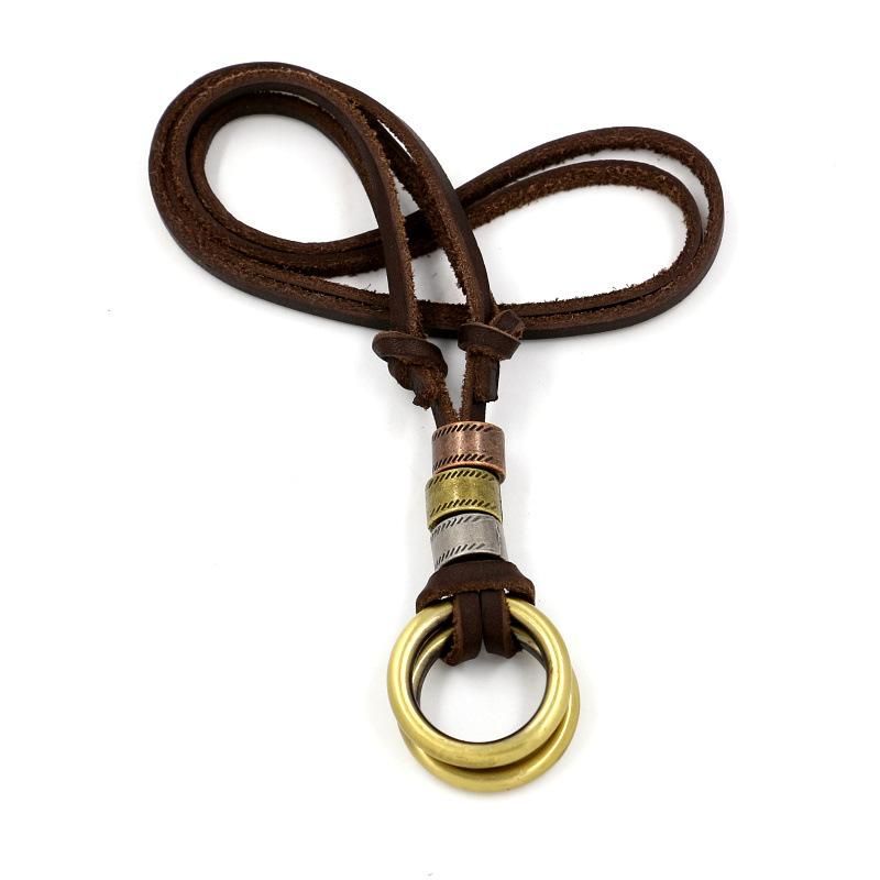 Bronze alloy doubleloop leather rope necklace adjustable casual Korean fashion leather rope sweater chain pendant