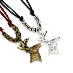Deer head pendant necklace vintage antlers long cowhide rope knitted sweater chain wholesale