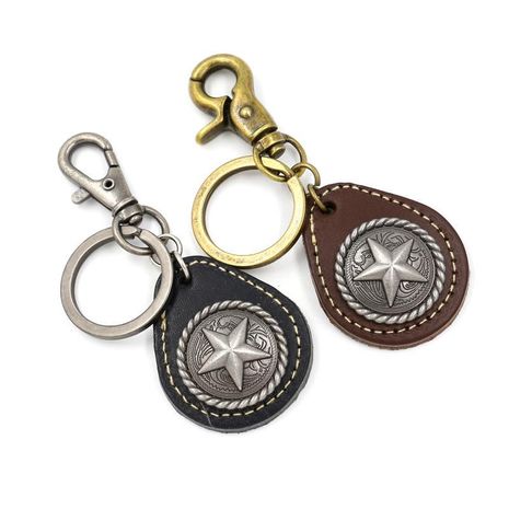 Retro pentagram keychain leather car key pendant men and women bag pendant's discount tags
