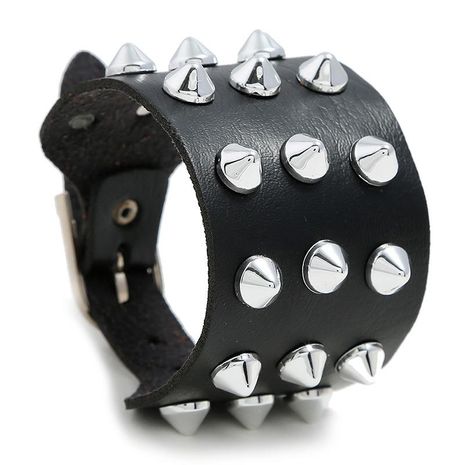 Exaggerated men's imitation leather bracelet punk non-mainstream three-row spiked rivet bracelet jewelry NHPK191590's discount tags
