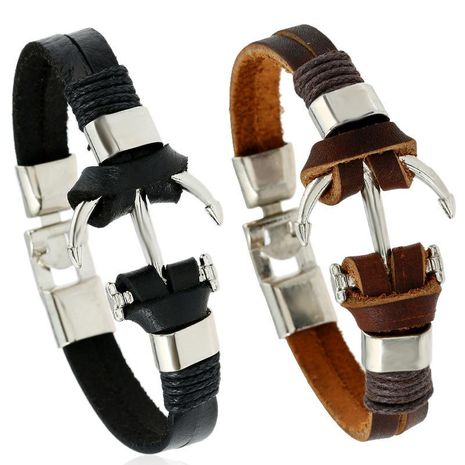 Explosion style retro handmade woven anchor leather bracelet new jewelry wholesale NHPK191607's discount tags