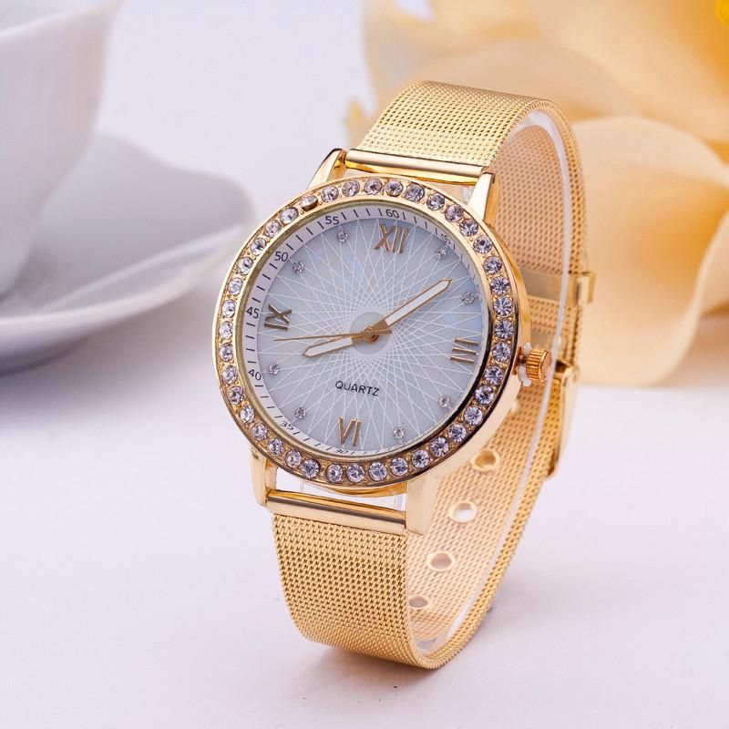 Gold Fashion Steel Band Watch with Diamond Grid Wholesale