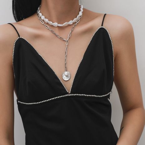 imitation pearl retro multi-layer geometric pendant necklace set's discount tags