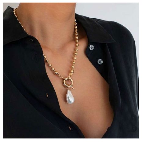 golden round bead chain shaped imitation pearl pendant necklace's discount tags