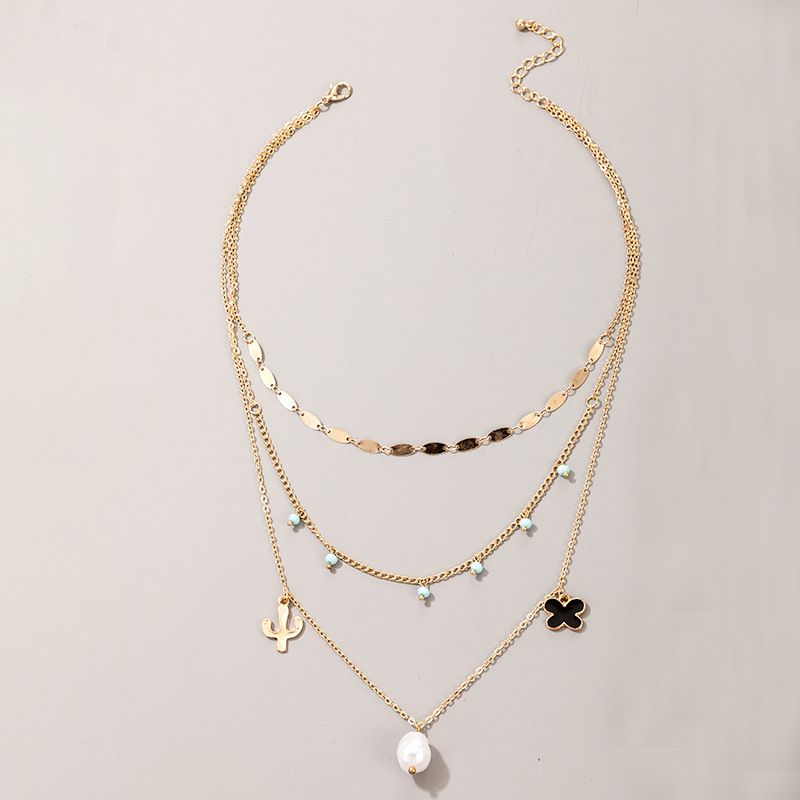 creative retro simple alloy cactus flower pearl multilayer necklace