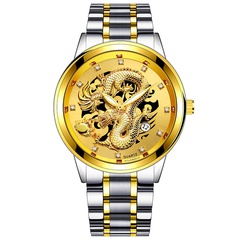 Nuevo reloj para hombre con banda de acero en relieve dorado