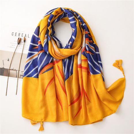 Bufanda de lino de algodón abstracto corea amarillo brillante hojas chal largo protector solar's discount tags