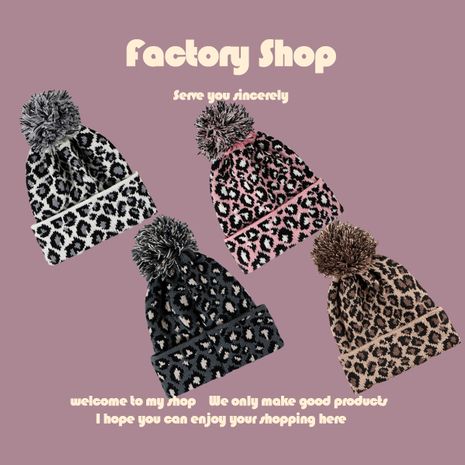Autumn and Winter Fur Ball Warm Hat Female Leopard Print Knitted Hat Korean Fashion Face-Showing Little Couple Woolen Cap All-Matching Beanie Hat's discount tags