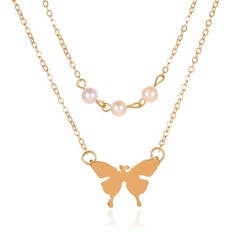 neue Perle Doppelschicht einfache Schmetterling Anhänger lange Halskette
