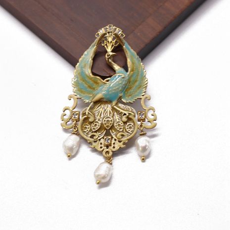 Blue-green hand painted colorful peacock animal pearl copper brooch's discount tags