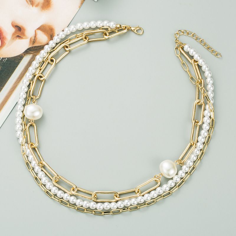 neue Mode einfache mehrschichtige Metallschnalle kurze glnzende Perlenkette