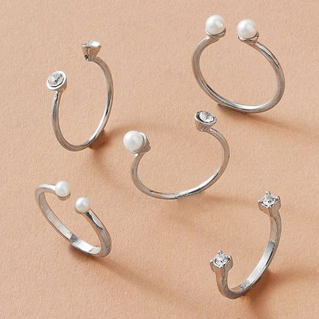 Juego de 5 piezas de anillo ajustable con apertura de diamantes y perlas's discount tags