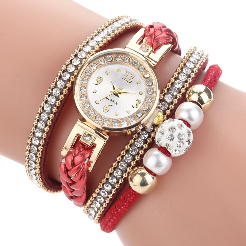 Fashion round bracelet diamondstudded pearl beaded PU belt watch