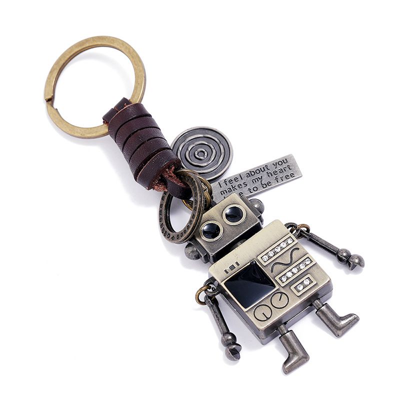 Simple Personality Vintage Weave Hands and Feet Movable Robot CattleLeather Key Ring Creative Girls Bags Pendant