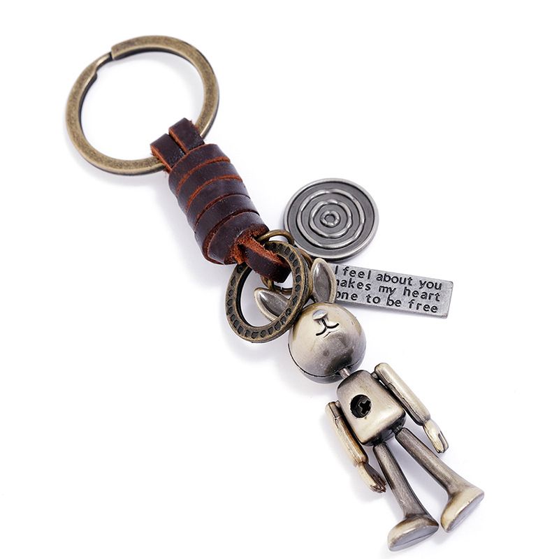 Retro handwoven movable cartoon robot leather keychain