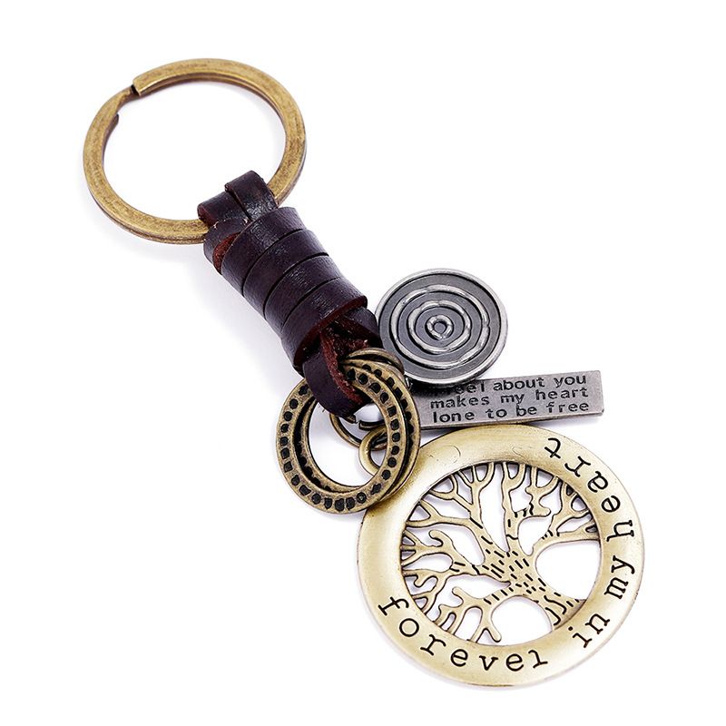Handwoven bronze lucky tree leather keychain