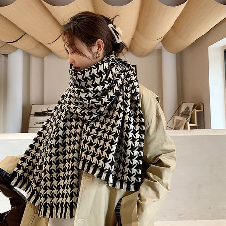 Korean Style Autumn and Winter Houndstooth Scarf Women's Double-Sided Talma Thermal Long Dual-Use Cashmere-like Black and White Plaid Air Conditioner's discount tags