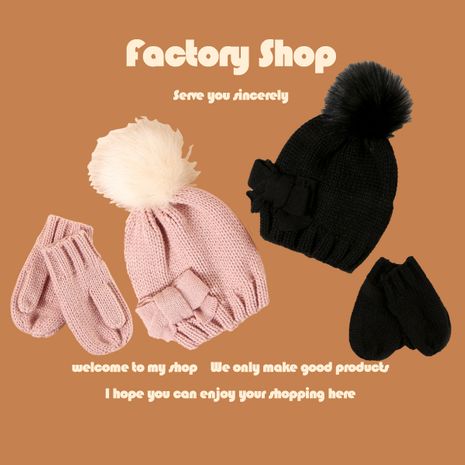 Children's pure color  bowknot woolen cap gloves's discount tags