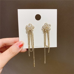 Korea  S925 Silver Needle  Zircon Flower Long Tassel Earrings