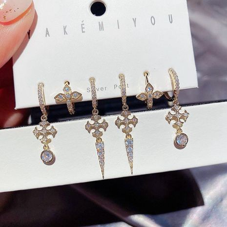 Korean fashion new micro-inlaid zircon cross earring set's discount tags