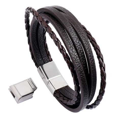 bracelet en cuir pour homme en acier inoxydable tissé multicouche rétro's discount tags