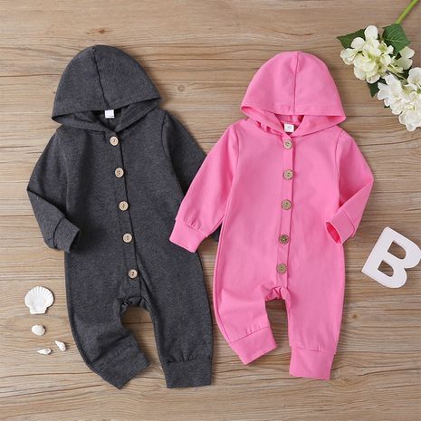 new hooded jumpsuit solid color single row number children's spring long-sleeved romper wholesale's discount tags