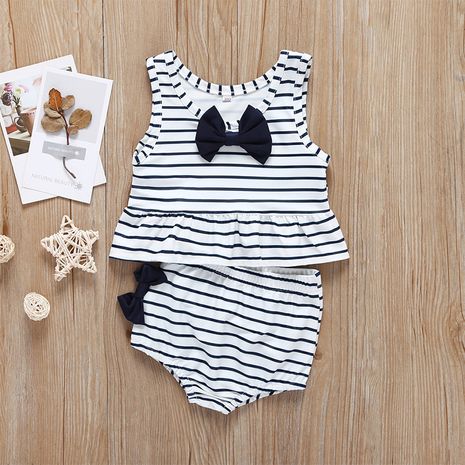 New Girls' Fashion Bowknot Striped Children's Two-piece Clothing Set's discount tags