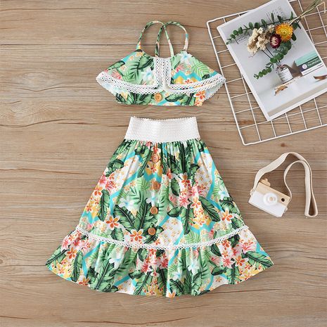 new suspender print fashion girls children's two-piece skirt suit hot sale NHLF265963's discount tags