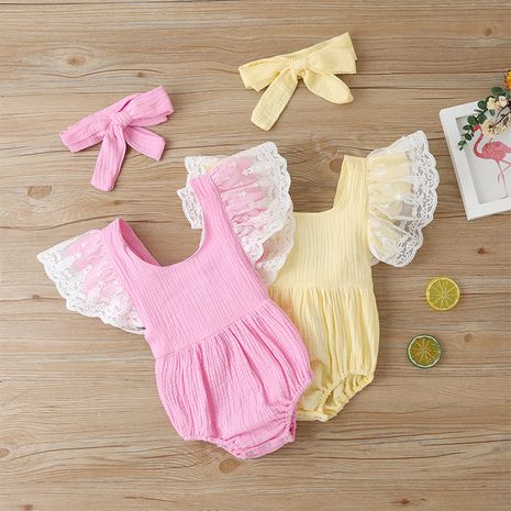 2020 New Baby Girl Jumpsuit Lace Lace Pure and Candy Color U Collar Baby Rompers Jumpsuit Wholesale's discount tags
