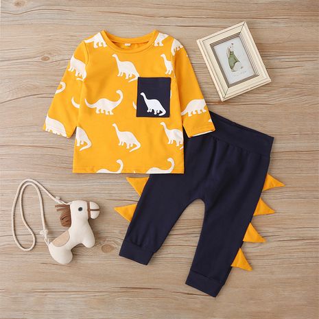 New children's long sleeve cartoon dinosaur print  sweater trousers two-piece set wholesale NHLF265984's discount tags