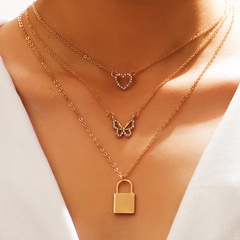 new crystal peach heart butterfly lock multilayer necklace