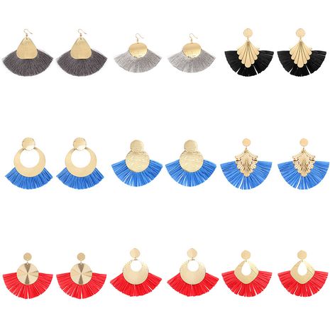 retro fan-shaped raffia ethnic style exaggerated bohemian tassel earrings's discount tags