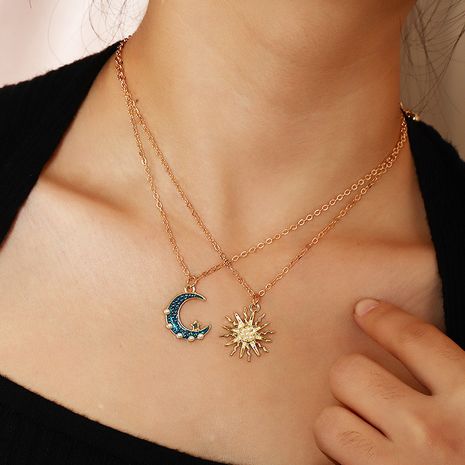 Creative Retro Double Layer  Pearl Sun Moon Necklace NHNZ281107's discount tags