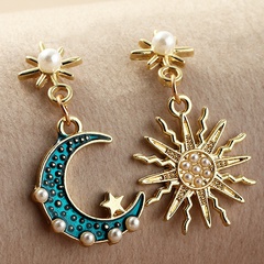 fashion alloy inlaid pearl asymmetric sun moon earrings