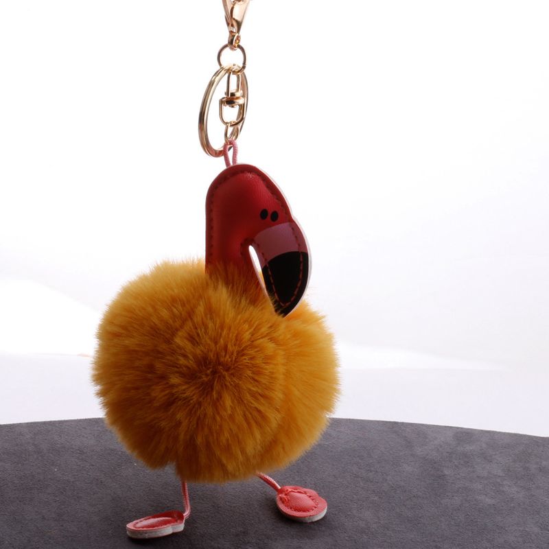 PU leather red mouth flamingo fur ball keychain