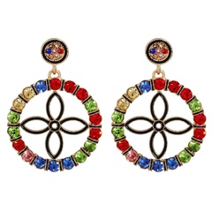 inlaid circular carved four-leaf flower hollow earrings