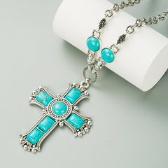 retro exaggerated cross shape multi-layer alloy inlaid turquoise necklace