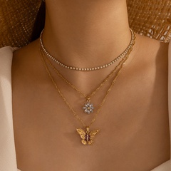 Bohemia Diamond Flower Butterfly Three Layer Necklace Daisy Claw Diamond Necklace