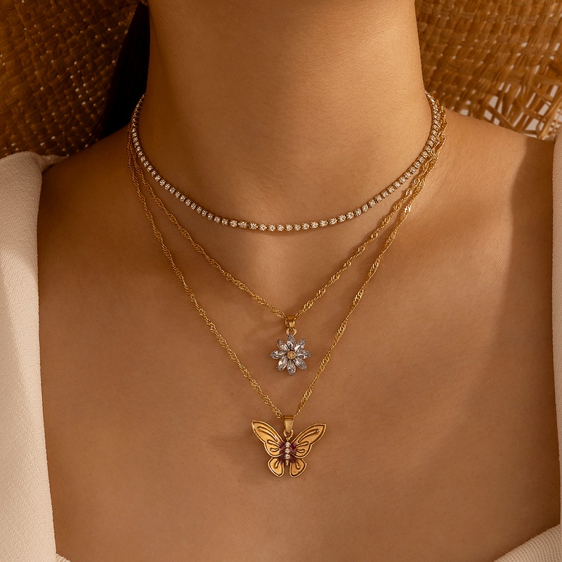 Bohemia Diamond Flower Butterfly Three Layer Necklace Daisy Claw Diamond Necklace