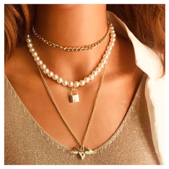 alloy lock-shaped angel heart-shaped pendant pearl necklace
