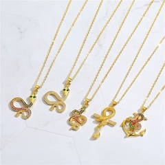European Cross-Border Sold Jewelry Retro Punk Personality Colorful Crystals Snake Boat Anchor Cross Pendant Necklace Clavicle Chain Female