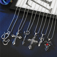 European Cross-Border Hot Selling Necklace Ornament Vintage Personality Punk Gothic Skull Red Diamond Cross Pendant Necklace for Men