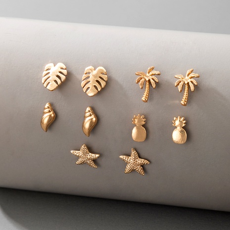 Simple Creative Coconut Leaf Conch Sea Star Pineapple Earrings 5-Piece Set's discount tags