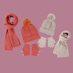 Children's pure color knitted hat scarf gloves