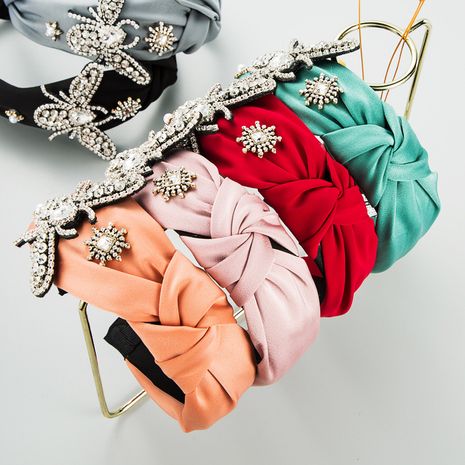 Diadema de perlas de mariposa de tela de color sólido de moda con diamantes de imitación's discount tags