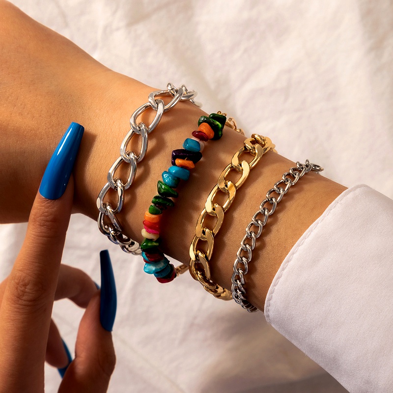 Multicolor Crushed Stone Thick Chain Geometric Boho Style 4 Piece Set Bracelet